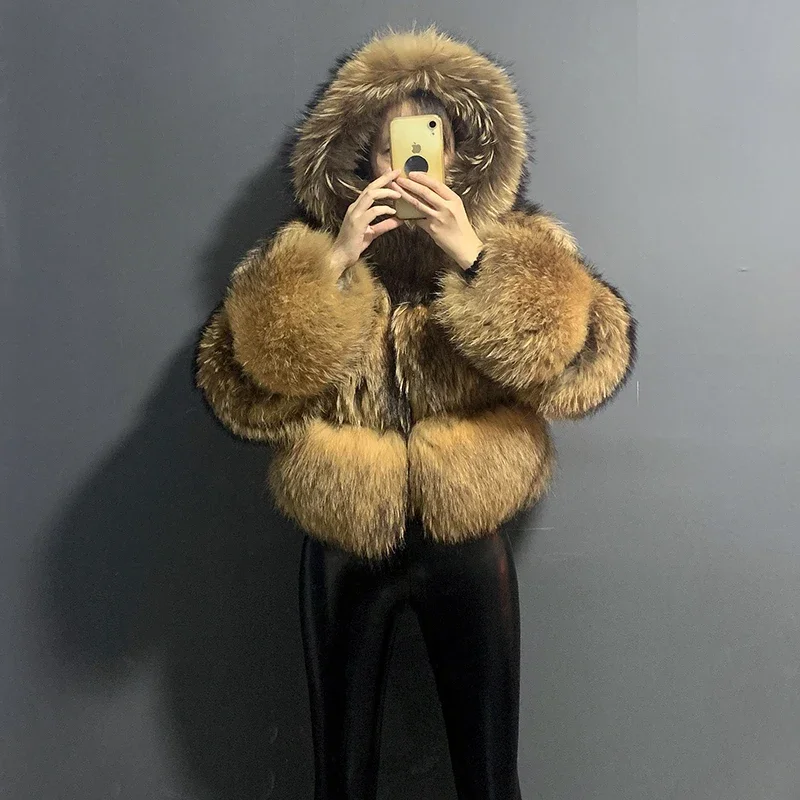 rf21132 Three Big Stripes Real Raccoon Fur Coat Women with Big Fur Hood Oversized