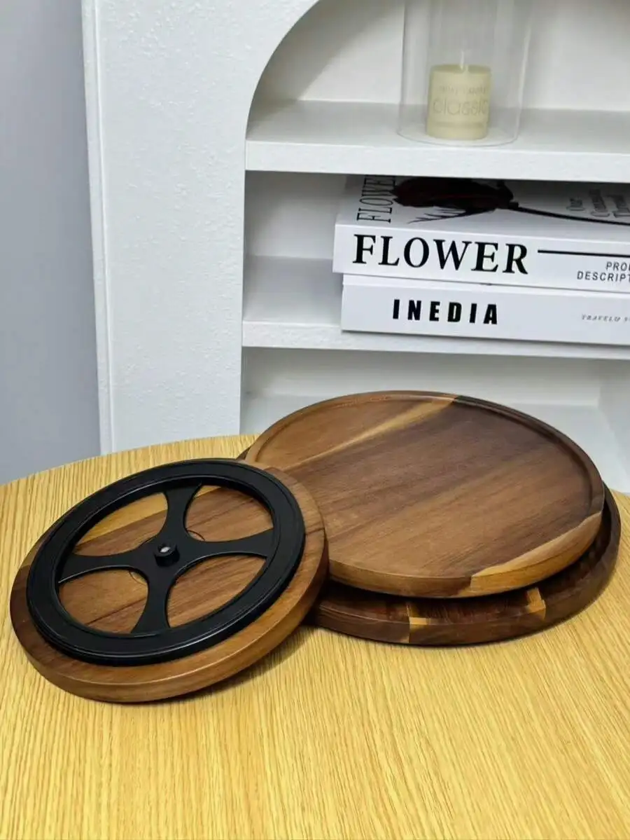 1pc 360° Rotating Wooden Tray, For Storing, Serving Food, Snacks, Beverages, Sushi, Steak, Pizza, Desserts, Cakes, Breads, Break