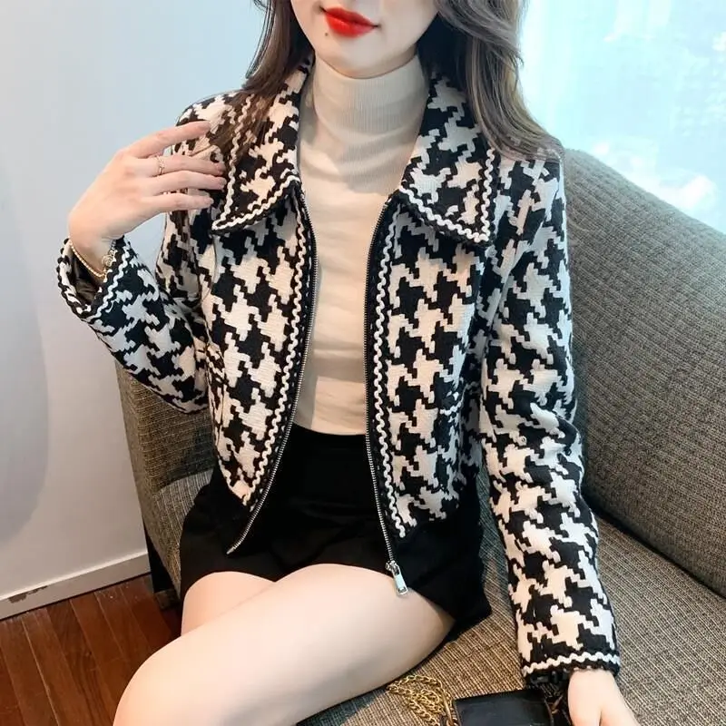 

Autumn Winter Fashion Printing Polo Collar Long Sleeve Coat Women Elegant Temperament Zipper Tops Trend All-match Casual Jackets