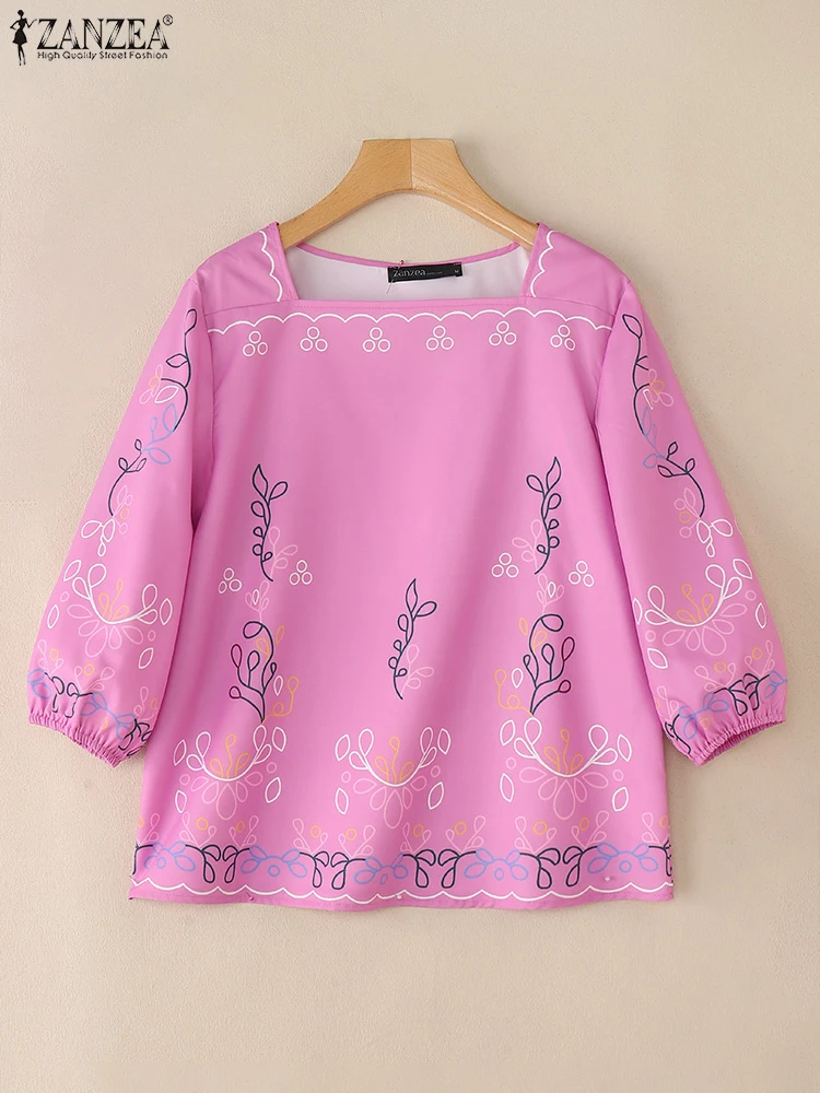 

Summer Square Neck Work Shirt ZANZEA Women Elegant 3/4 Sleeve Printed Blouses Bohemain Holiday Thin Tops Female Chemise Oversize