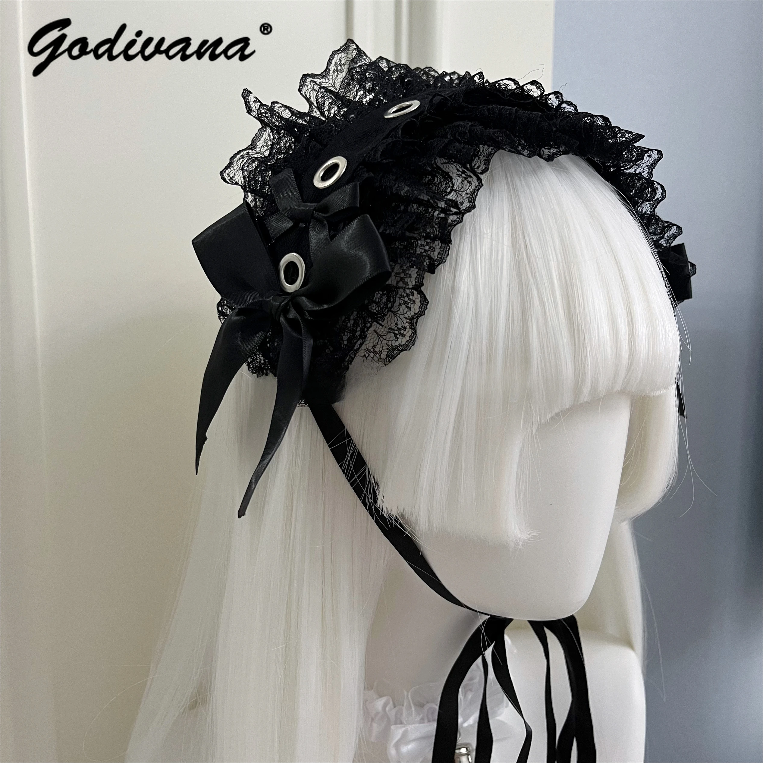 Subculture Japanese Mine Lace Bow Headband Lolita Headgear Girl Women's Gothic Y2K Lace Rivets Headwear Hair Band