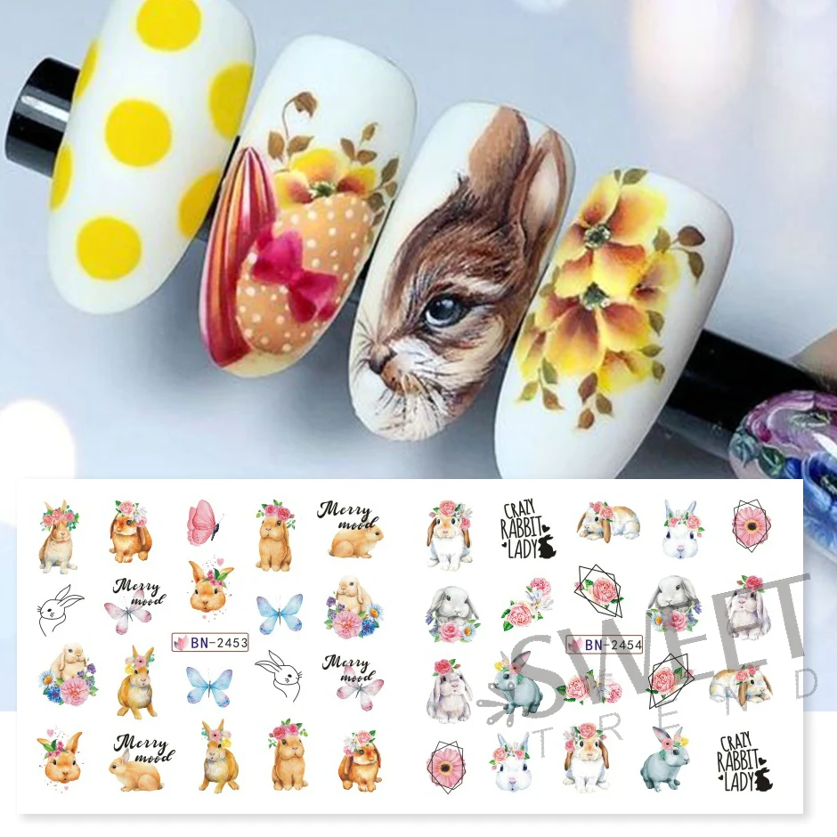 Saggezza Bunny Cursori per acqua per unghie Acquerello Cartoon Design Fiore Foglia Primavera Decalcomanie Foil Accessori fai da te Adesivo filigrana