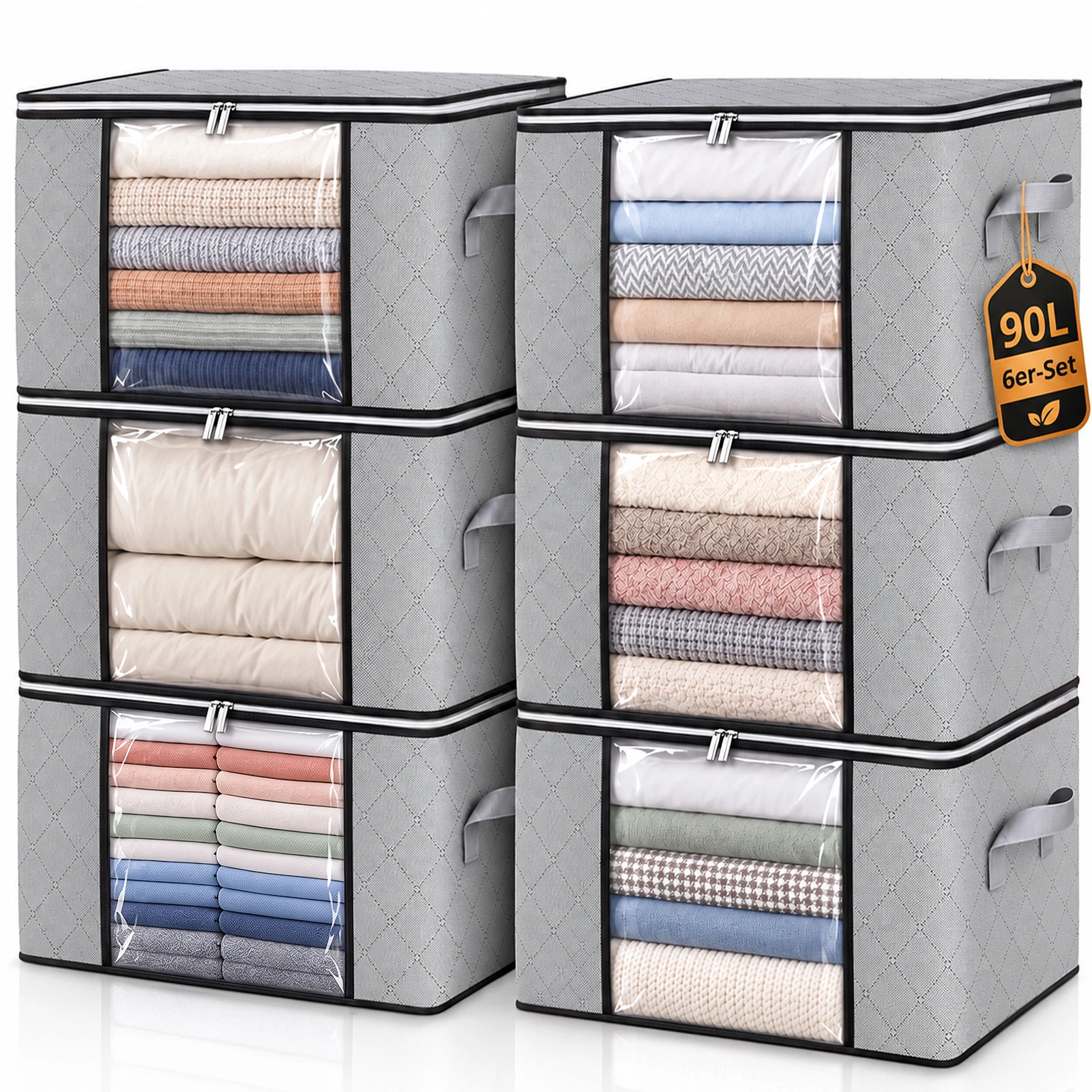 Aufbewahrungstaschen 6Er Set, Je 90 L, Für Kleidung, Bettdecken Und Kissen – Faltbare Kleideraufbewahrung Aus Dreilagigem Vliesstoff, Mit Sichtfenster, Reißverschluss Und Verstärkten Tragegriffen