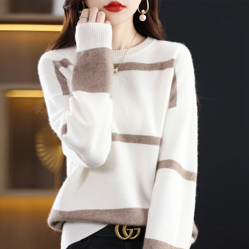 Autumn Winter New Round Neck Color Block Striped Women's Sweater 100% Pure Wool Warm Pullover Fashion Versatile Women's Clothing