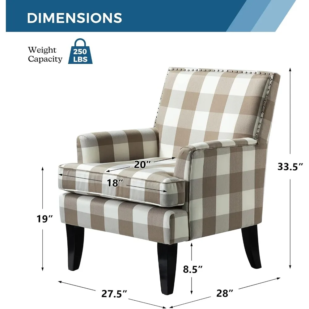 Modern Accent Chairs Set of 2, Farmhouse High Back Buffalo Plaid Chairs with Wooden Legs & Nail Head Trim