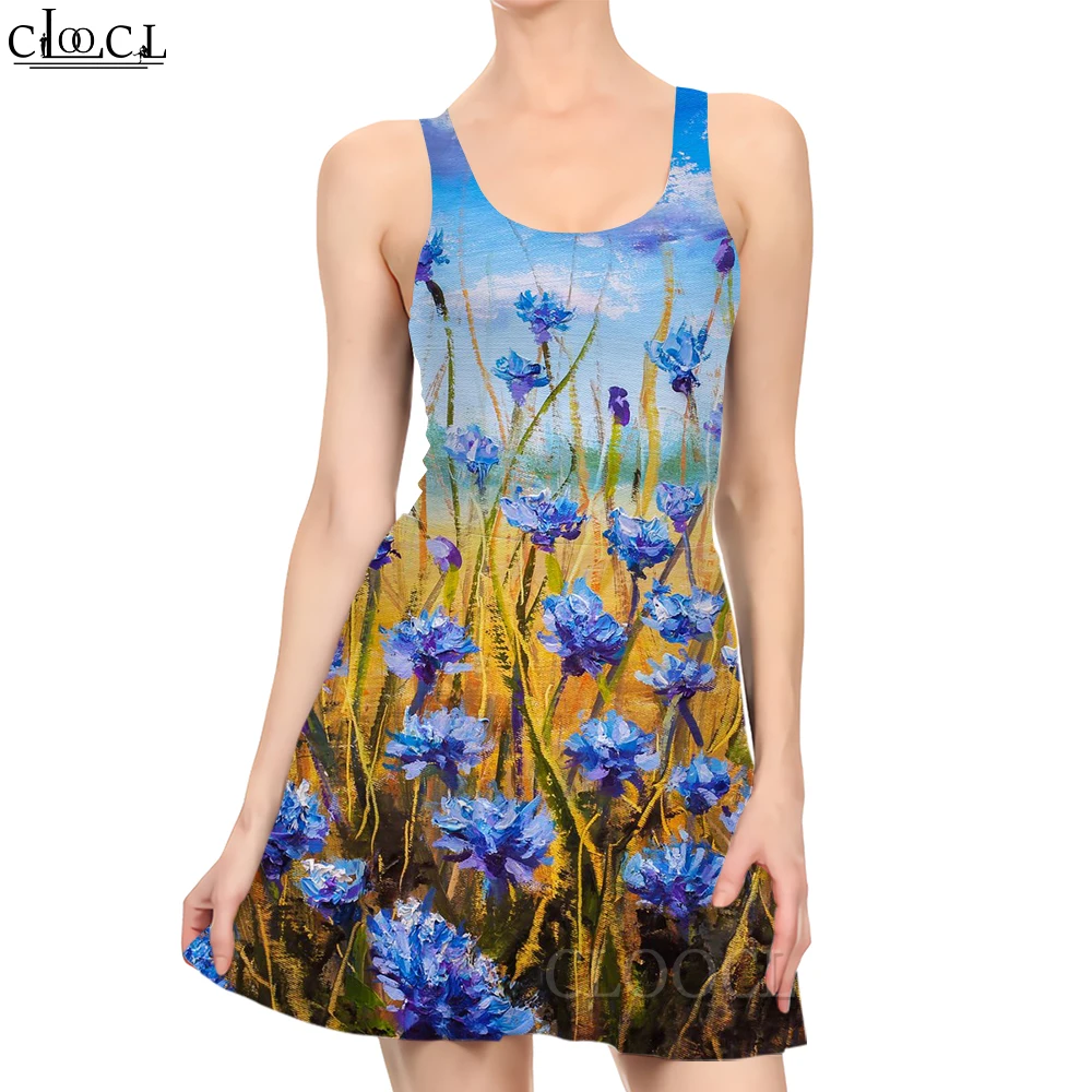 

CLOOCL Retro Fashion Women Dress Platycodon Flower Printed Princess Dress for Summer Cool Female Sleeveless Sexy Mini Dresses