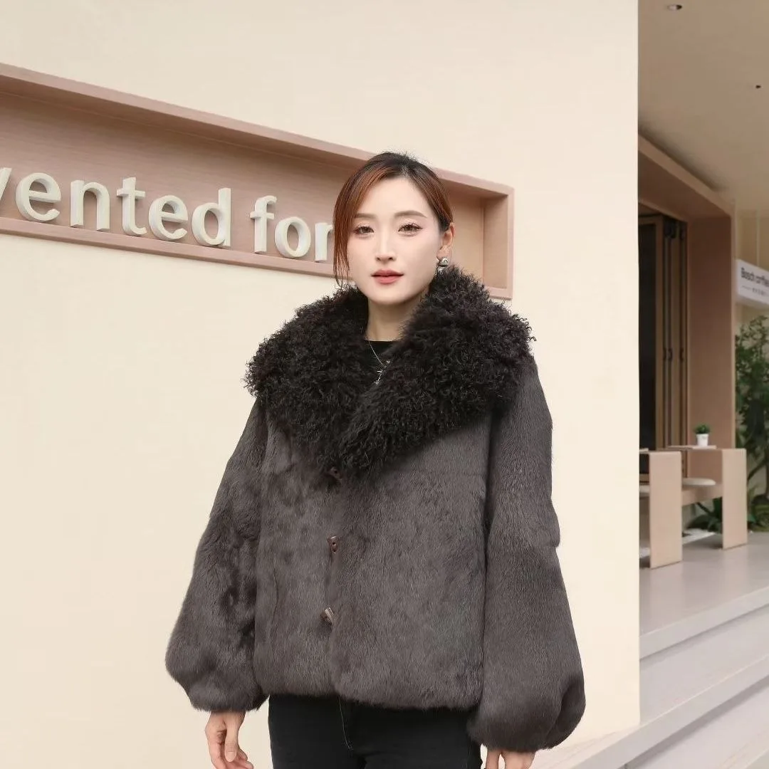 High Quality Rabbit Fur Lined Lamb Fur Collar Fashion New Women Coat Double Sided Horn Button Natural Genuine Fur Jacket