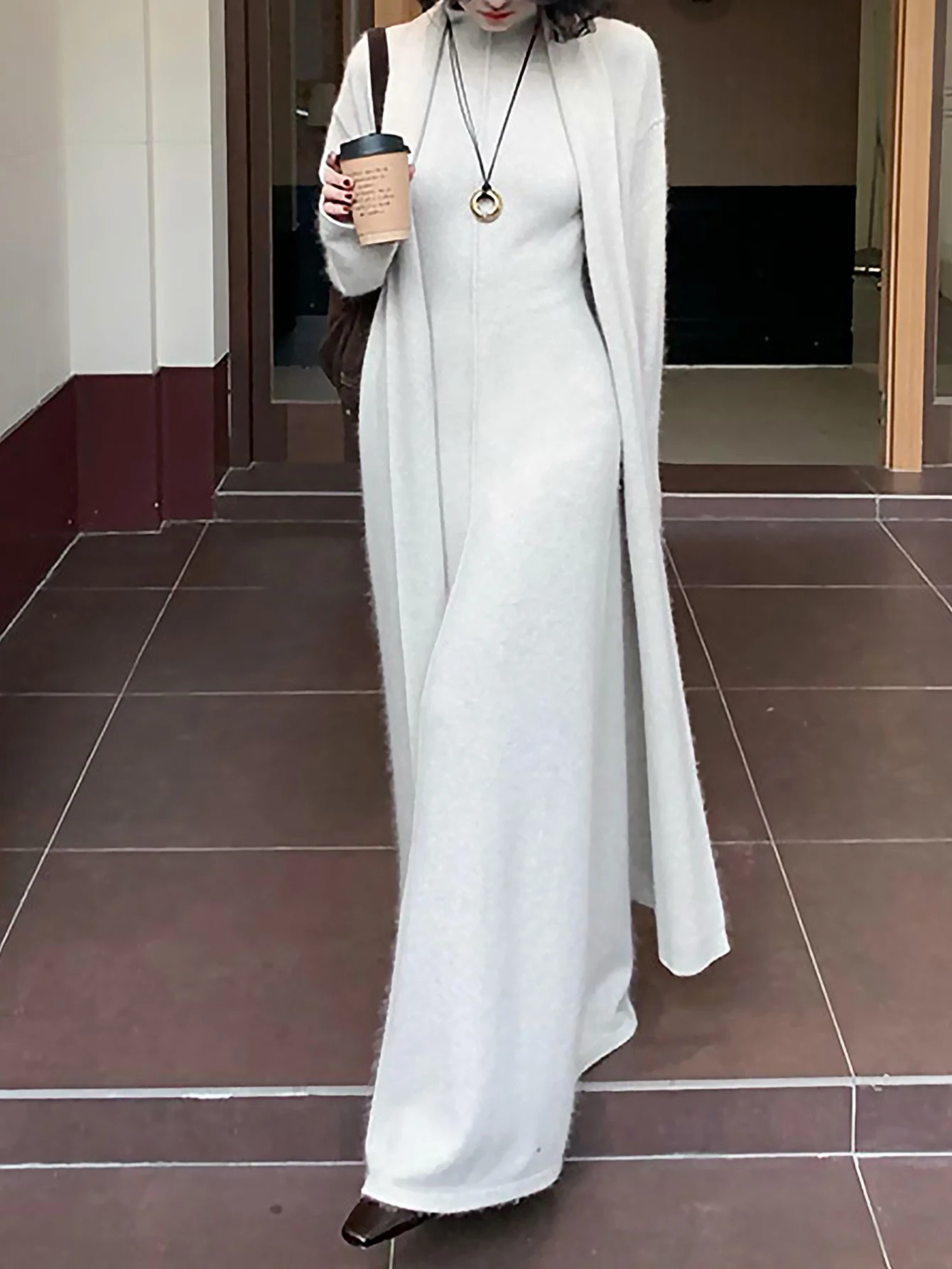 Women's Hong Kong Style Retro Long Knitted Cardigan Turtleneck Dress Set Elegant Sweater Suit for Autumn Winter