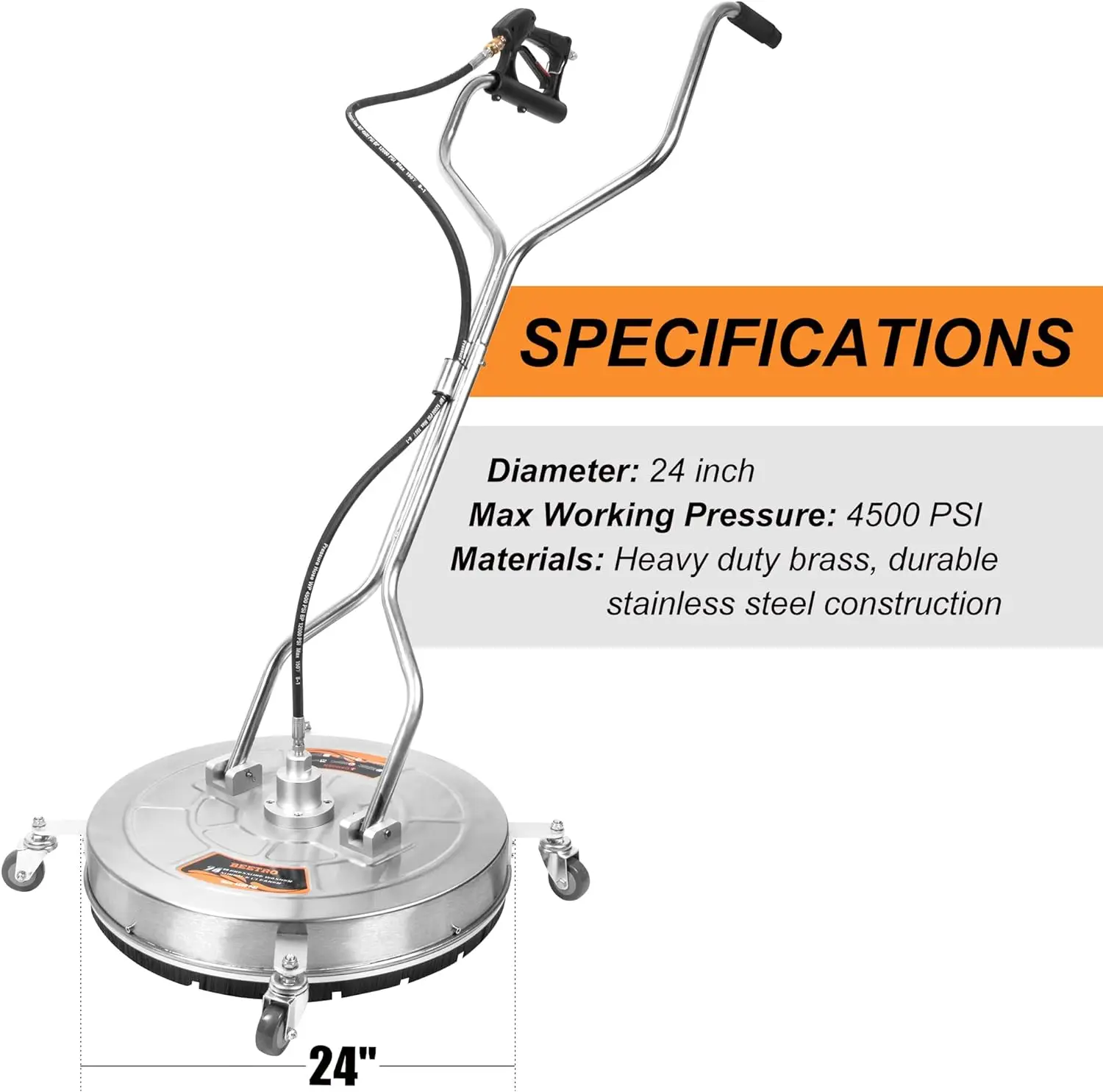 

BEETRO 24'' Pressure Washer Surface Cleaner Attachment with 4 Wheels,Stainless Steel Handle and Housing