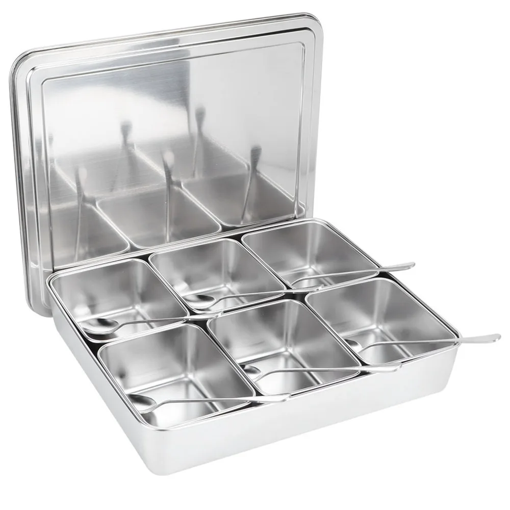 6 Grid Compartments Masala Dabba Spice Container 600ml Per Grid With Lid And Holder Tray Condiment Storage Container With Spoons