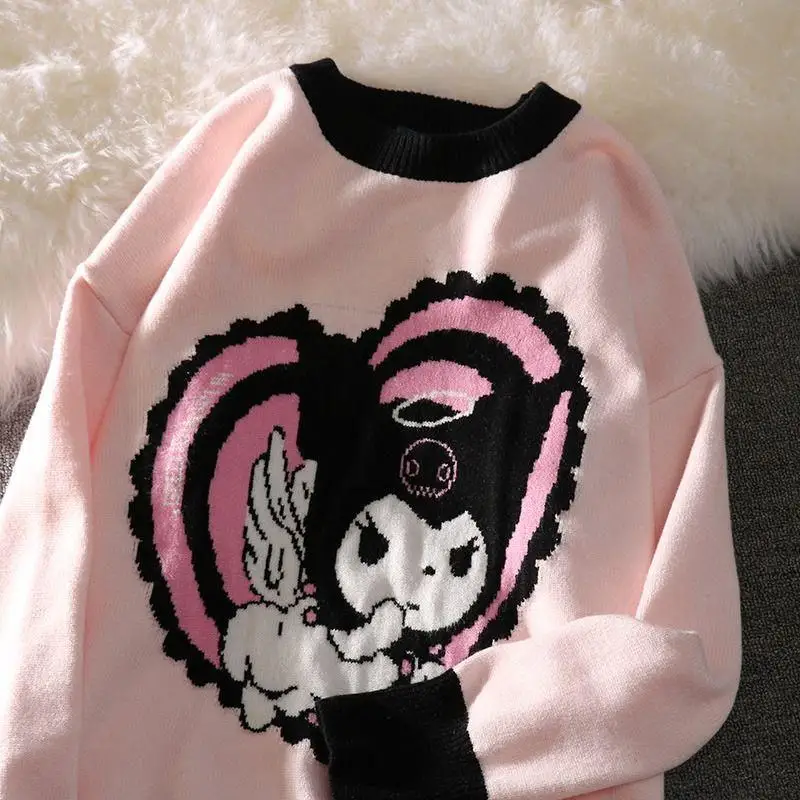 Sanrios Kuromi Y2K Jumper Anime Kawaii Average Size Yards Students Autumn Winter Thickened Knitted Cotton Warm Tops Girls Gifts