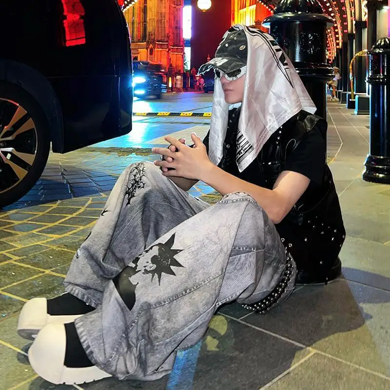 MWJLPWQ Niszowe, postarzane dżinsy z nadrukiem, długie spodnie męskie, styl high street, sprane, unisex, unikalne, szerokie, baggy jeansy z motywem machety, jesień 2025, 12440