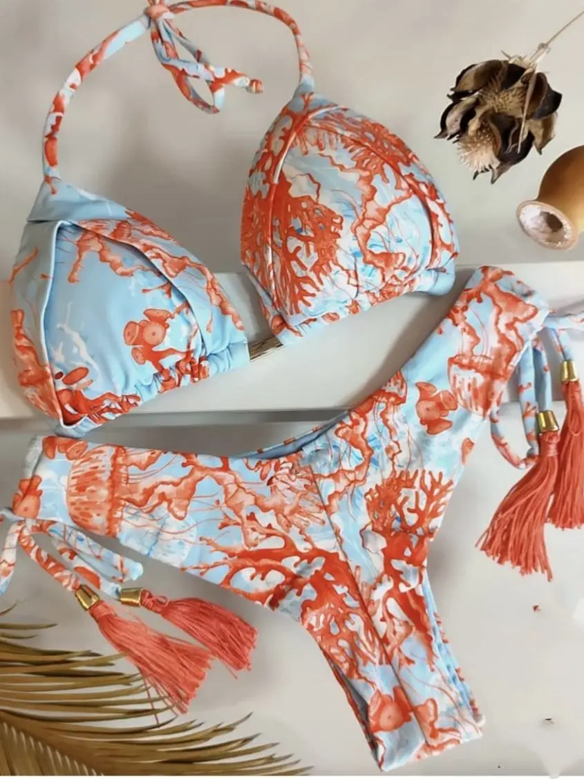Zestaw bikini damskie stroje kąpielowe Push Up strój kąpielowy nadruk na dole brazylijski strój kąpielowy Biquini strój kąpielowy plaża