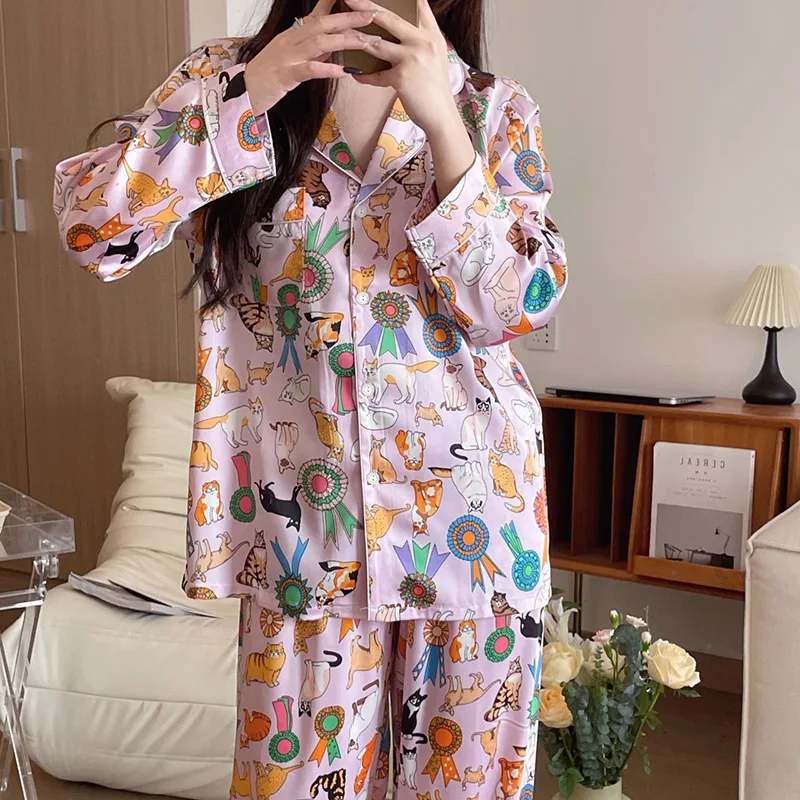 Women\'s Pajamas Sets Spring Autumn 2 Piece Animal Print Pyjama Faux Silk Satin Sleepwear Long Sleeve Pijama Mujer Pjs Homewear