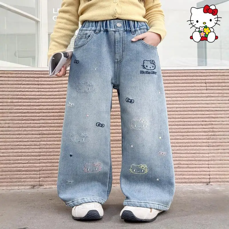 Sanrio Hello Kitty Girl Jeans Kawaii Y2K Anime Children's Clothing Clothes Pants Kids Winter Outerwear Soft Denim Straight Leg
