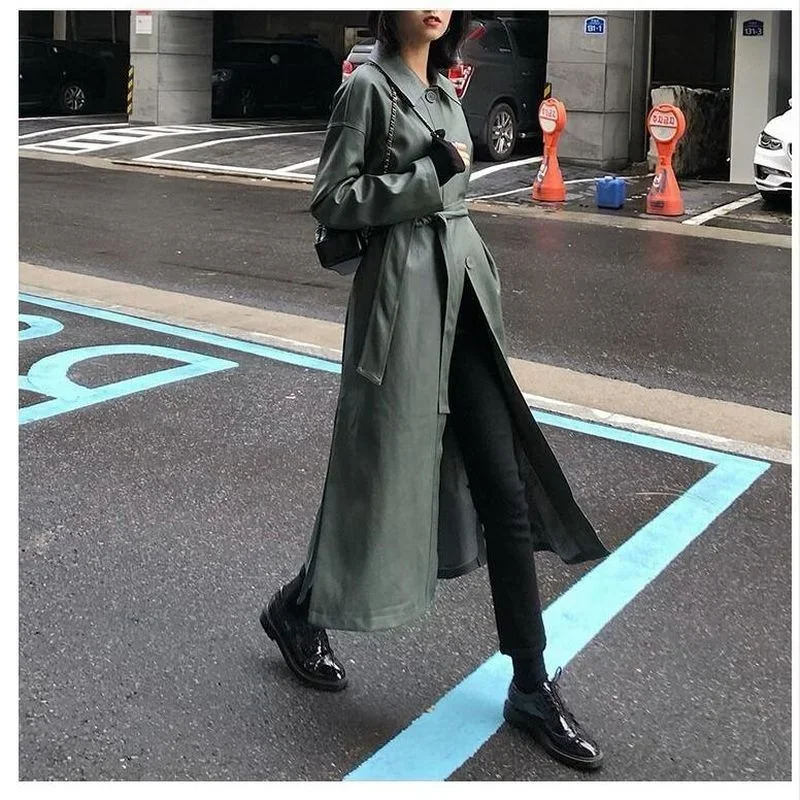 Novo coreano pu trench moda feminina solto fino longo mangas compridas casacos mulher outono jaqueta de couro longo