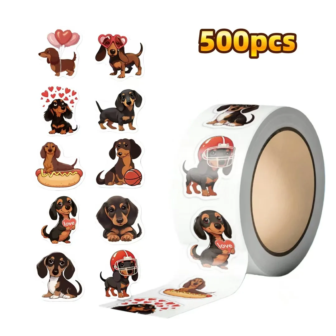 Cute Cartoon Dachshund Self-Adhesive Roll Stickers, 500 Sheets Per Roll, Decorative Decals for Journaling, Envelope Seals & DIY