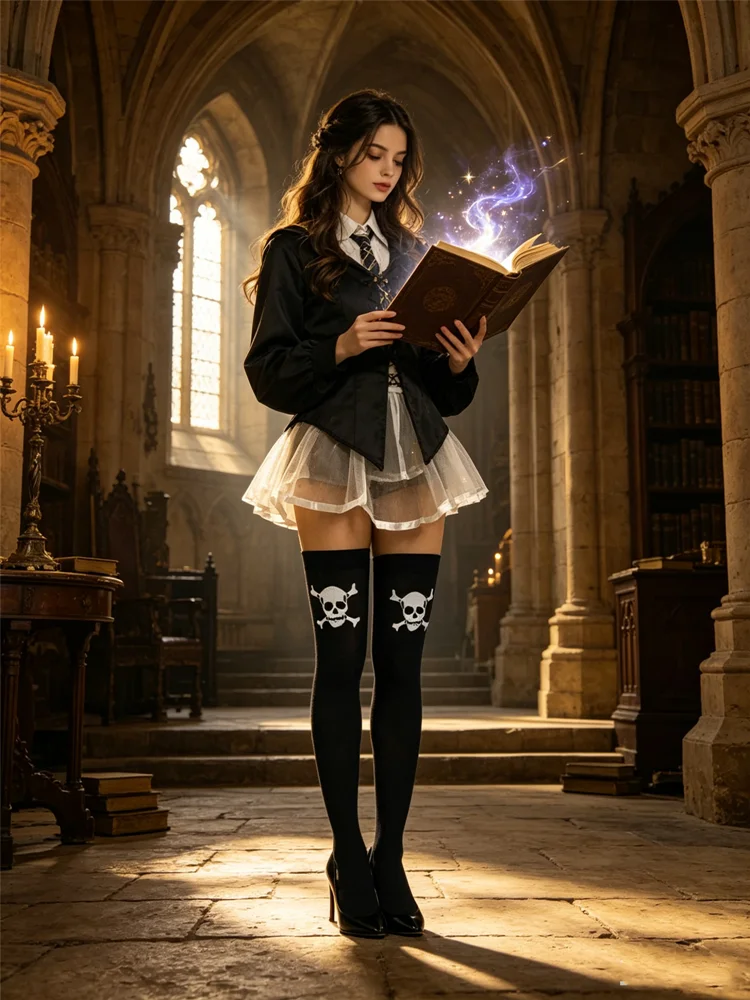 Dunkle Punk-Socken mit Skelett-Muster für Damen, lange Halloween-Lolita-Strümpfe, Oberschenkelhohe JK-Kniestrümpfe, Rollenspiel-Strümpfe