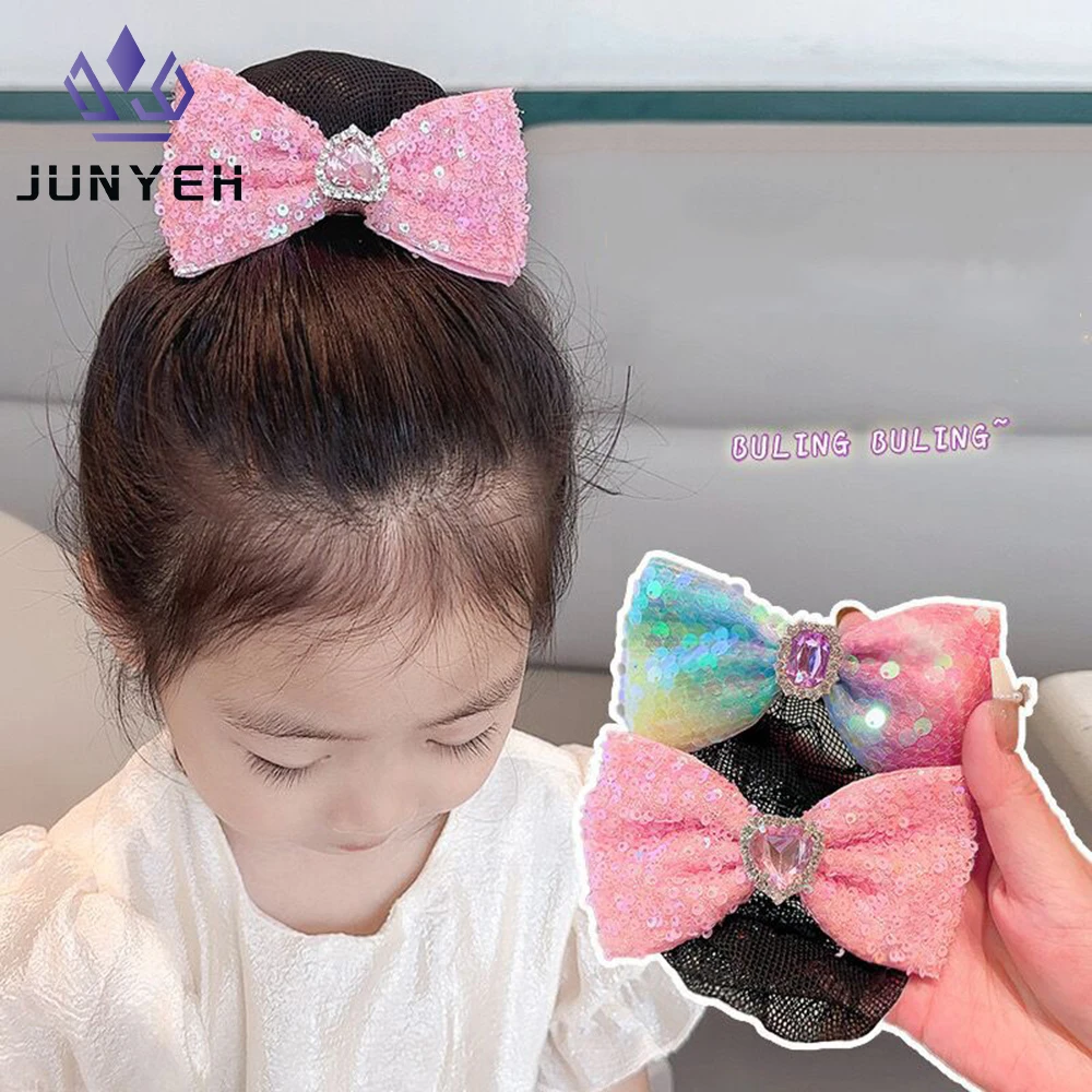 

Girl's Headdress Sequin Bow Hairnet With Clip Diamond Big Bow Knot Hair Net Sweet Hair Bun Children Hair Accessories