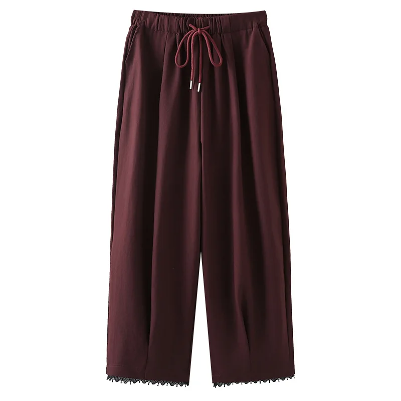 

Модные женские брюки больших размеров, осенние новые повседневные кружевные прямые брюки с завязками на талии 25005