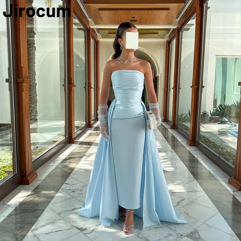

Jirocum Sky Blue Satin Prom Gown Women's Strapless Party Evening Gowns Sleeveless Pleated Saudi 2024 New Formal Occasion Dresses