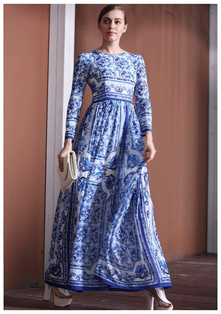 

New Fashion Designer Runway Spring Autumn Women Long Sleeve Classic Blue and White Porcelain Print Dresses