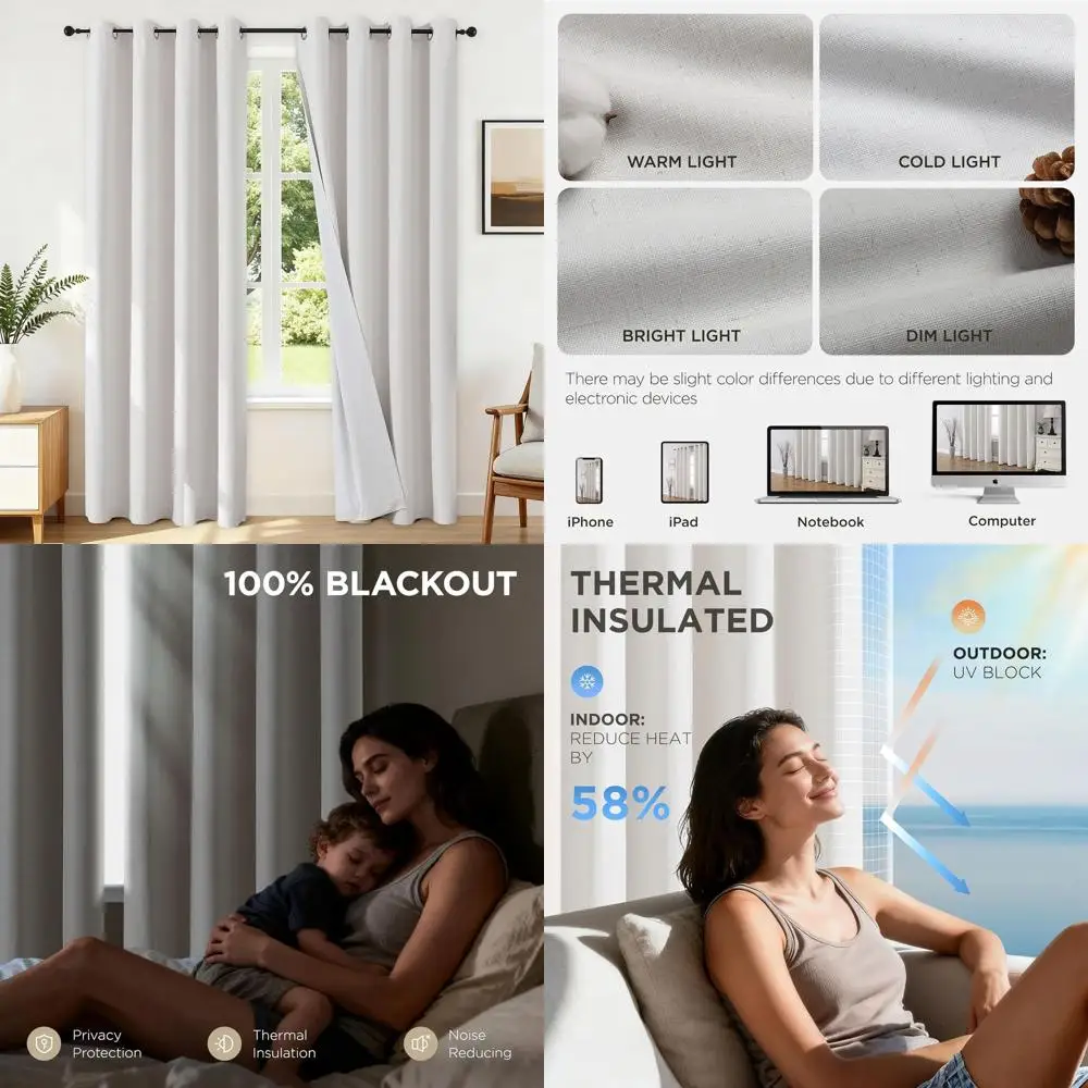 

90 Full Blackout Linen Curtains, 2-Panel Set, Thermal Insulated for Living/Bedroom, 52W x 90L