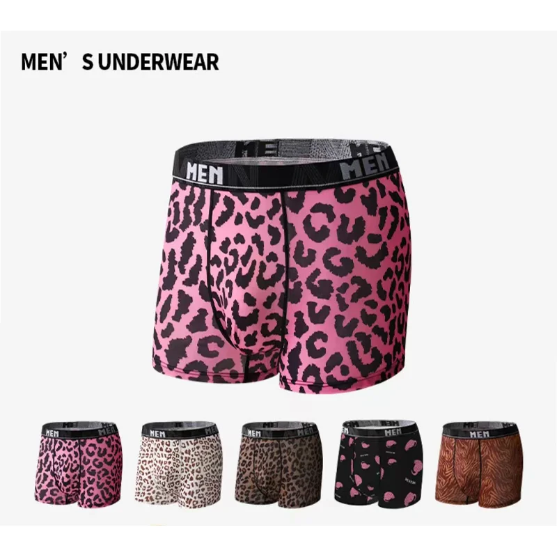 Nueva ropa interior de seda de hielo para hombre, Boxer Shorts juveniles de talla grande con estampado de leopardo, transpirable, cintura media, sección delgada, ropa interior, Boxer corto