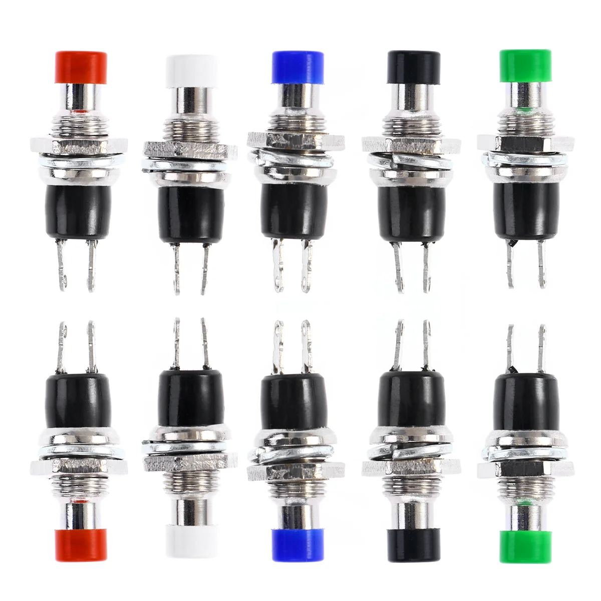 12Pcs 7MM Mounting Hole 1A 250V AC 2 OFF/ON Thread SPST Momentary Latching Mini Push Button (Red, Green, Yellow, Blue, White,