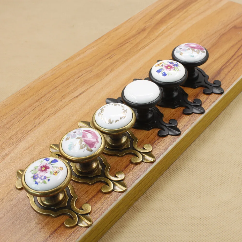 Shabby Chic Cabinet Door Knobs Floral Printed Kitchen Cabinets Pulls Ceramic Dresser Wardrobe Cupboard Cabinet Furniture Handle