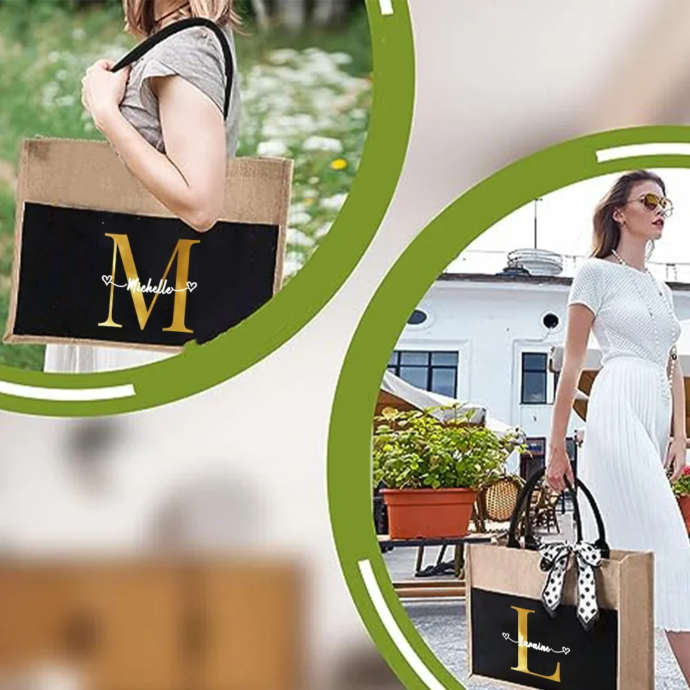 Customizable Name Women's Shopping Bag Reusable Linen Handbag Grocery Shopping Bag Gold Letter Pattern Series