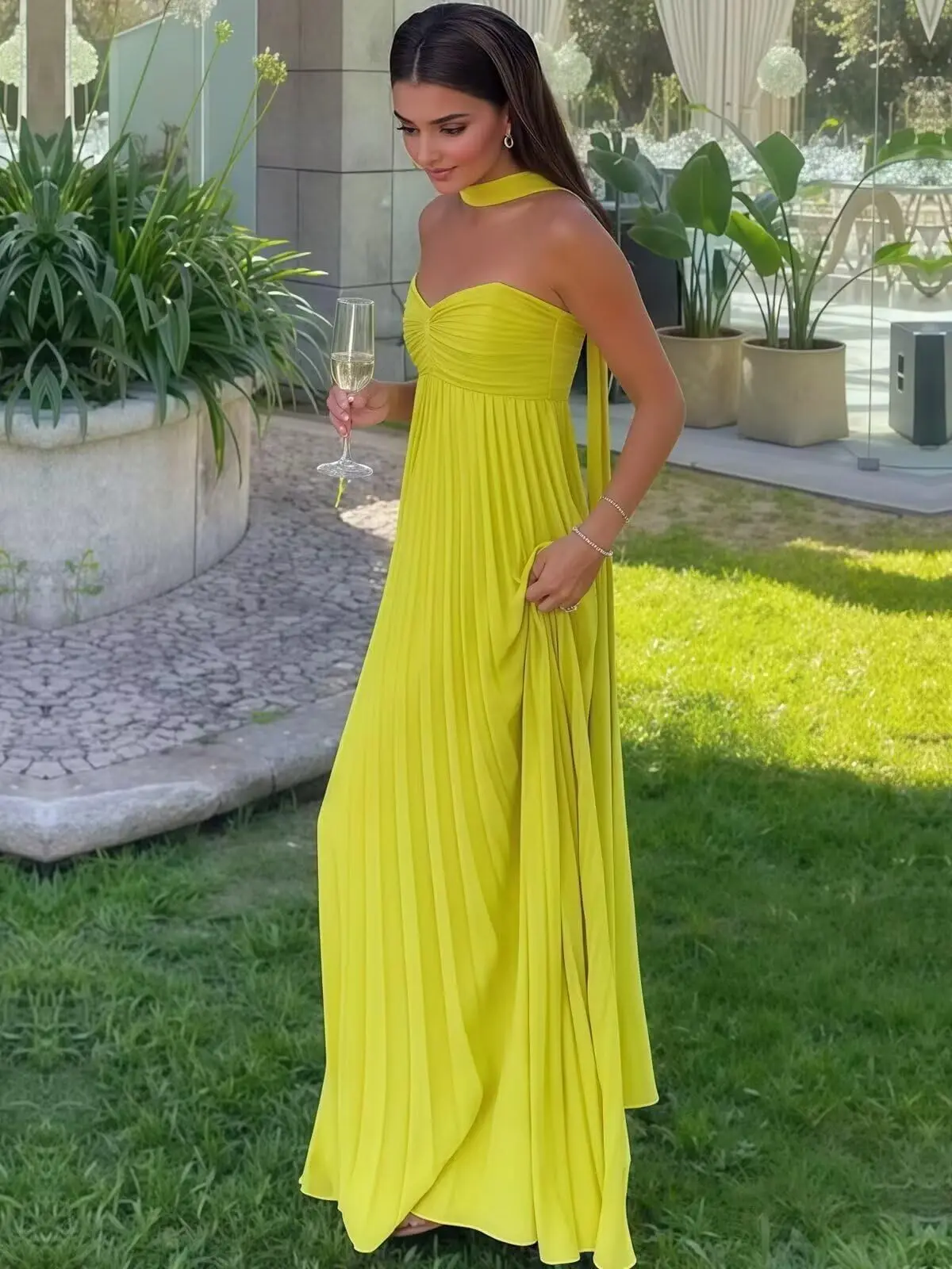 فساتين وصيفة الشرف طويلة من الشيفون من KIVARY للنساء مطوي بدون حمالات فستان سهرة رسمي طويل مع وشاح طويل #6