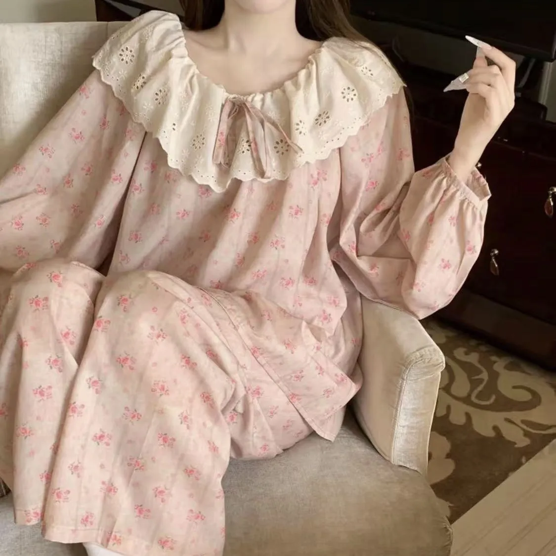 Woman Spring Autumn Turn-Down Collar Lace Pajama Set Girls Student Long-Sleeve Pants Casual Loungewear Soft Women Homewear Lady