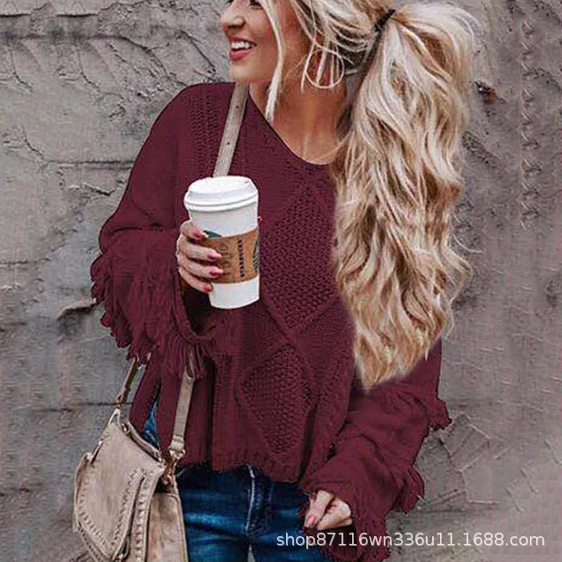 Street Style Pullover Fringe Off Shoulder Long Sleeve Sweater Women Casual Knit Tops