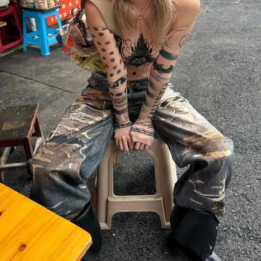 Women's Blue Gothic Y2k Cargo Jeans Harajuku 2000s Trashy Ripped Denim Trousers Streetwear Baggy Jean Pants Vintage Emo Clothes
