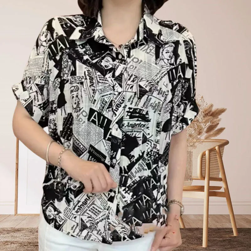 

Fashion Lapel Printed Letter Vintage Shirts Women's Clothing 2025 Summer New Loose Short Sleeve All-match Tops Commuter Blouses