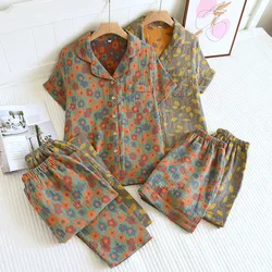 3 PCS Pajamas For Women New Homewear 100% Cotton Summer Short Sleeve Sleepwear Vintage Print Pijamas Female Home Suits