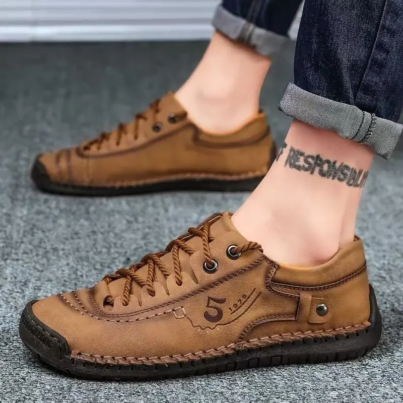 2024 New Men Leather Casual Shoes Outdoor Comfortable High Quality Fashion Soft Homme Classic Ankle Non-slip Bottom Sewing Shoes