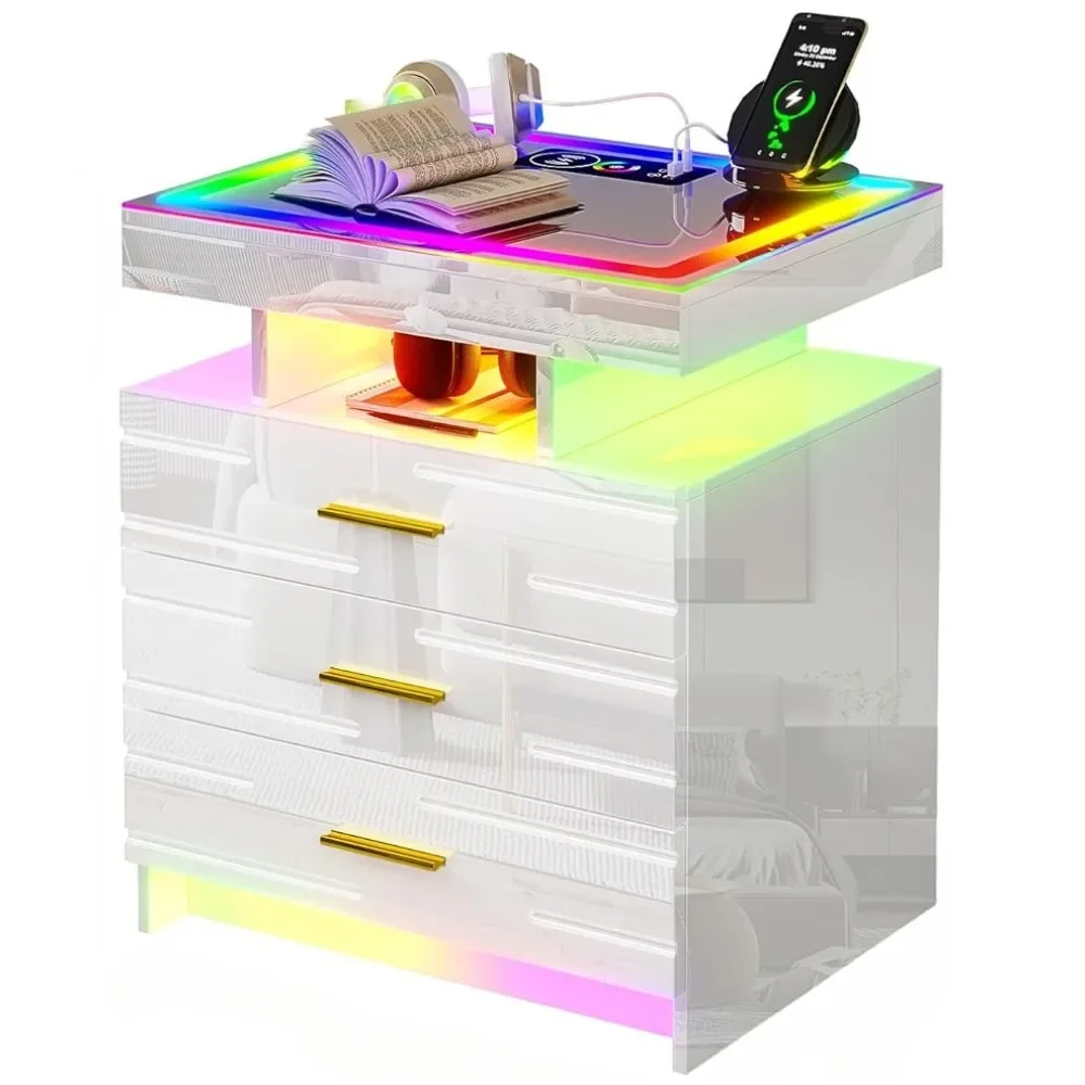 LED Nightstand with Wireless Charging Station & USB Ports, Modern Night Stand with 24 Color Lights, High-Gloss Bedside Tables