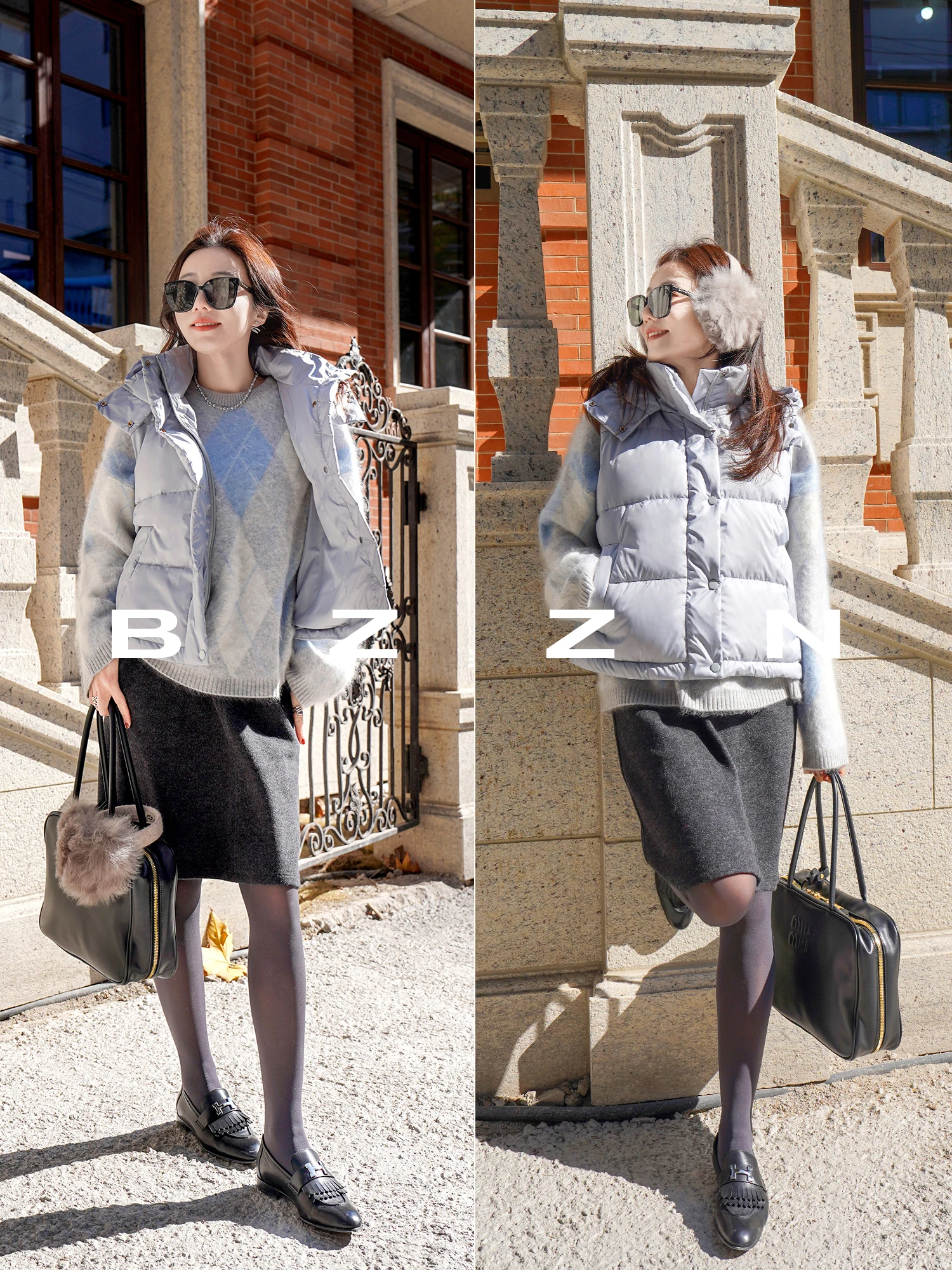 

BZZN Explosive Online Puffball Dudown Vest White Du Feather Gold Four ids Hooded Layering Faionable Women's Vest