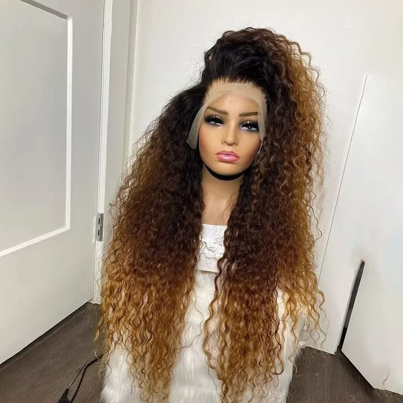 

26Inch Long Ombre Blonde Preplucked 180Density Glueless Kinky Curly Lace Front Wig For Black Women Natural Hairline BabyHair