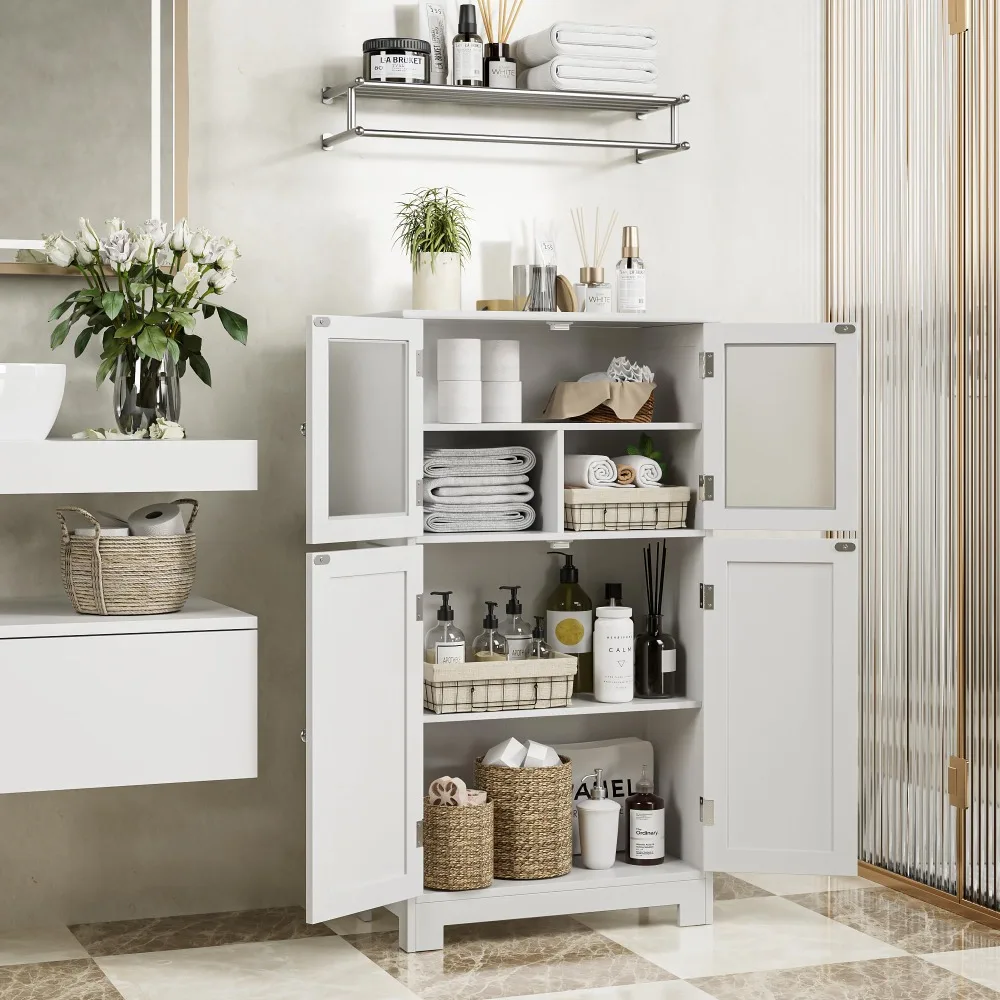 

New Bathroom Cabinet, Storage Cabinet with Adjustable Shelves & Glass Doors, Freestanding Floor Cabinet Cupboard