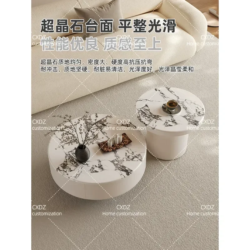 French Cream Style Supercrystalline Stone Coffee Table Set Modern Round High End Light Luxury Living Room Furniture for Small