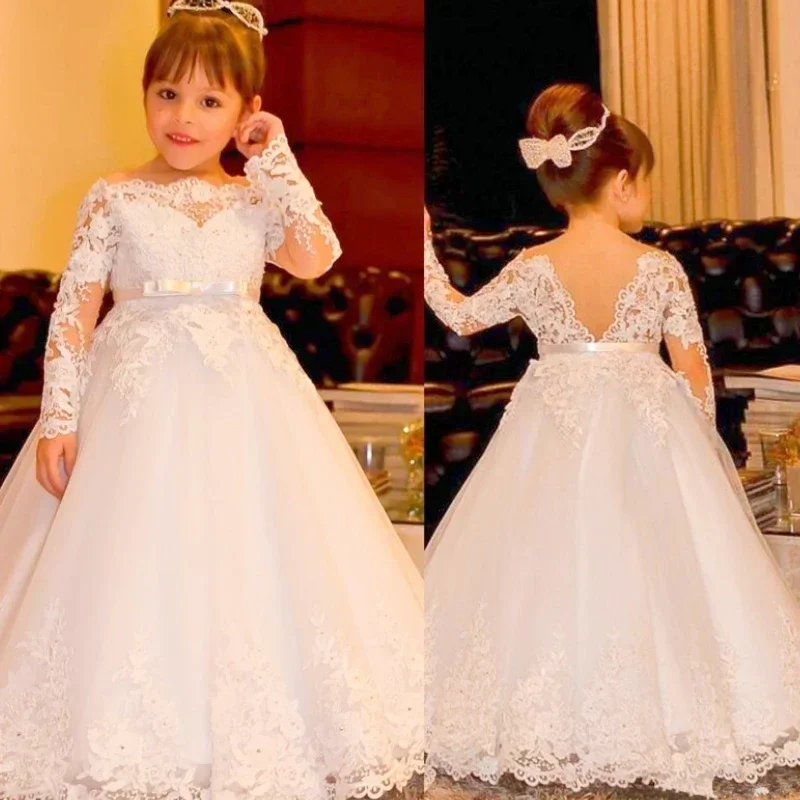 

Flower Girl Dresses For Weddings Party Princess Lace Long Sleeve Backless Holy Bow Belt First Communion Gowns Pageant Dress