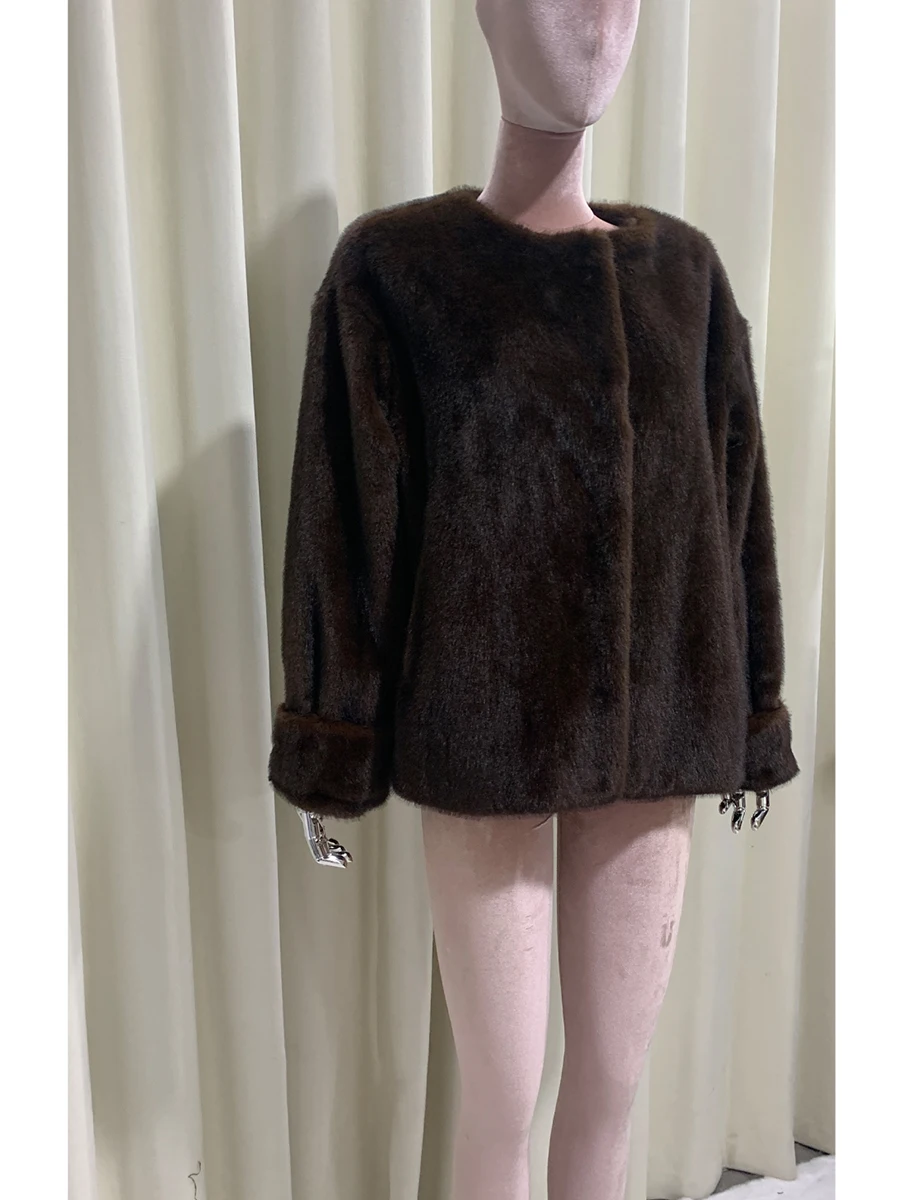 Nerazzurri Autumn Winter Short Elegant Thick Warm Brown Faux Mink Fur Coat Women Modern Luxury Designer Clothes Fluffy Jacket