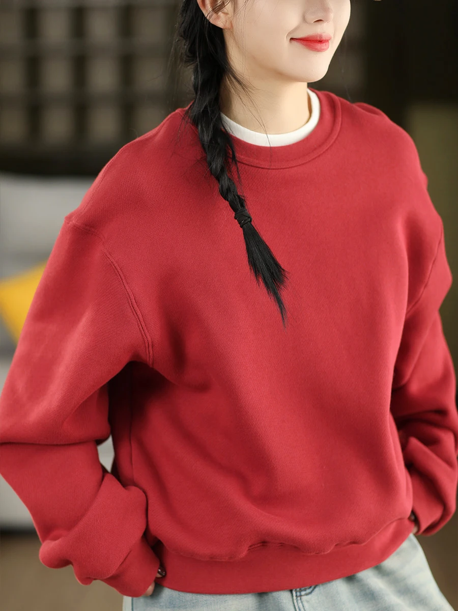 

Retro Knitted Cotton Sweatirt Women's Early Spring Inner Fine Fce Casual Sports Top round Ne Long Sve Loose Fit