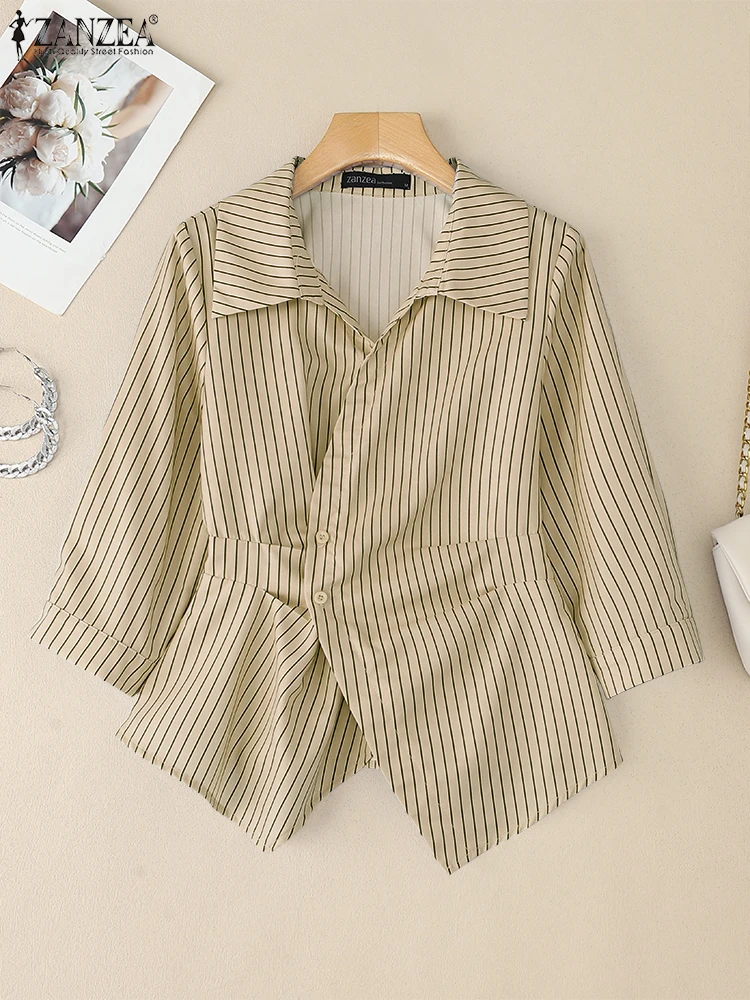 Women Tops ZANZEA Fashion Elegant Office Lady Shirts Striped Blouse 2025 Autumn 3/4 Sleeve Loose Tunic Casual Asymmetrical Blusa