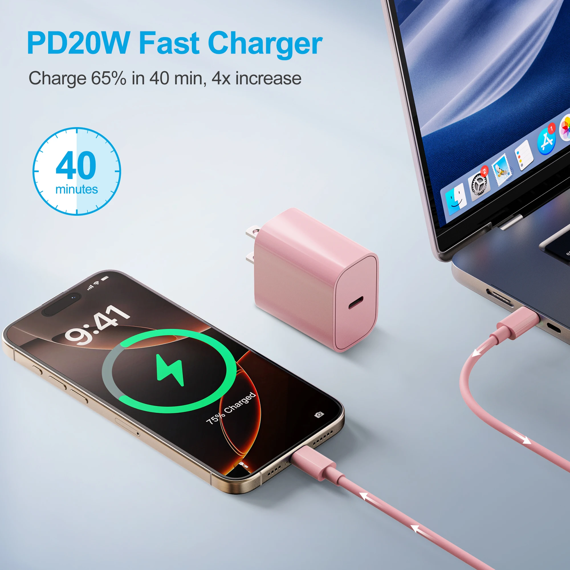 Adecuado para carga rápida del cargador iPhone 16/15 Pro Max, bloque de cargador USB C PD de 20 W, con cable de carga USB C a C de 6 pies de largo,