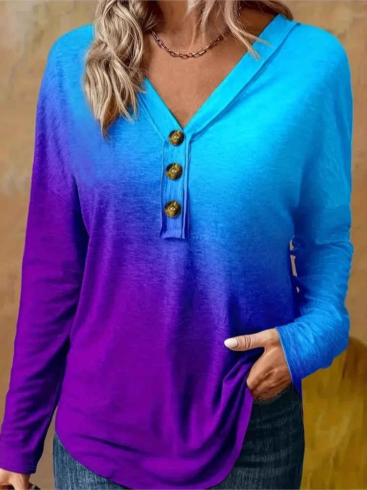 

2025 Autumn Long Sleeve Tops T Shirt Tees Blusa V-link Buttons Simple Style All-match Gradient Casual Commuting Trendy Loose Top