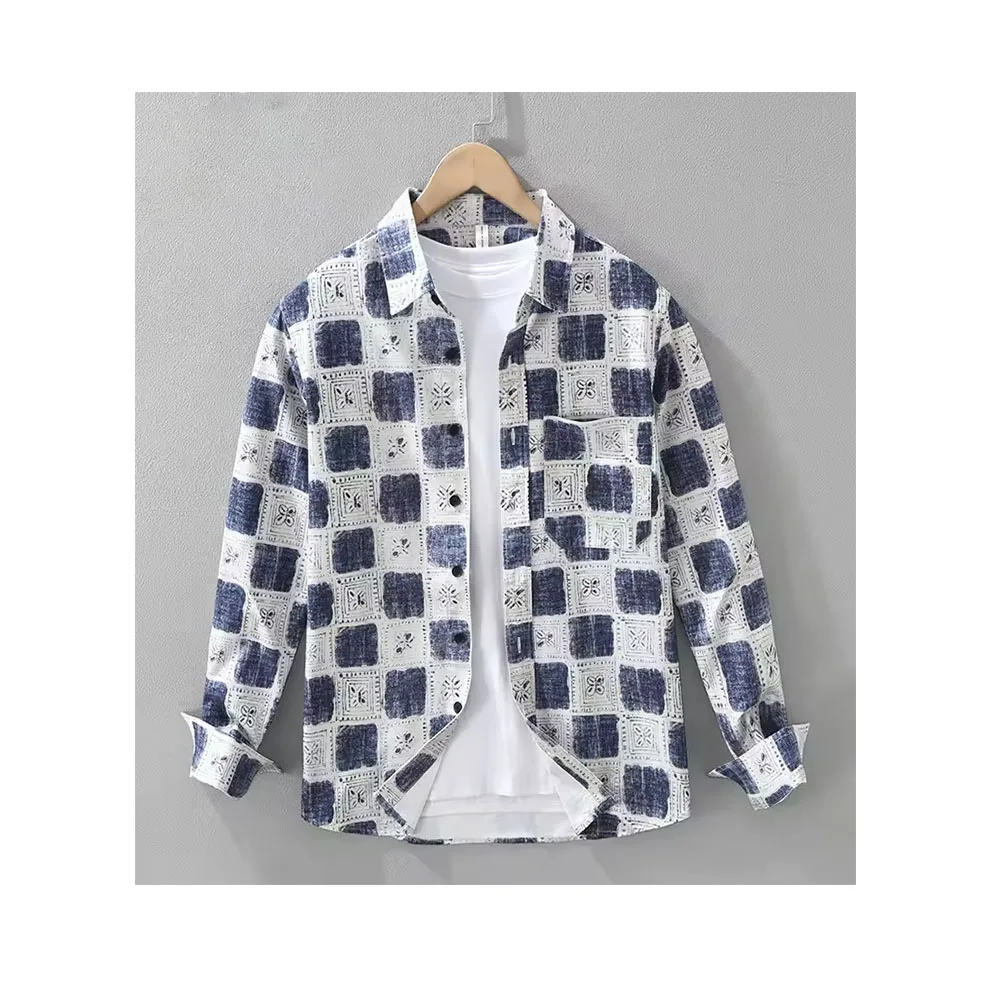 

2025Men's linen plaid shirt high quality spring new fashion long sleeve casual lapel shirt retro top